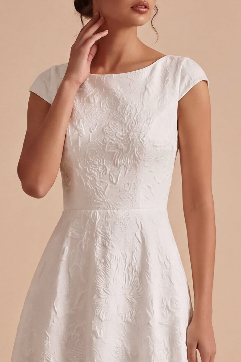 Load image into Gallery viewer, White Floral  A Line Boat Neck Long Engagement Dress with Sleeves