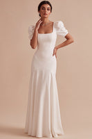 Load image into Gallery viewer, White Satin Puff Sleeves Mermaid Square Neck Long Engagement Dress