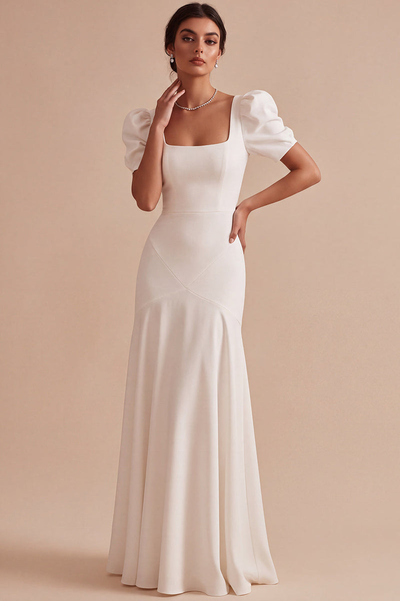 Load image into Gallery viewer, White Satin Puff Sleeves Mermaid Square Neck Long Engagement Dress