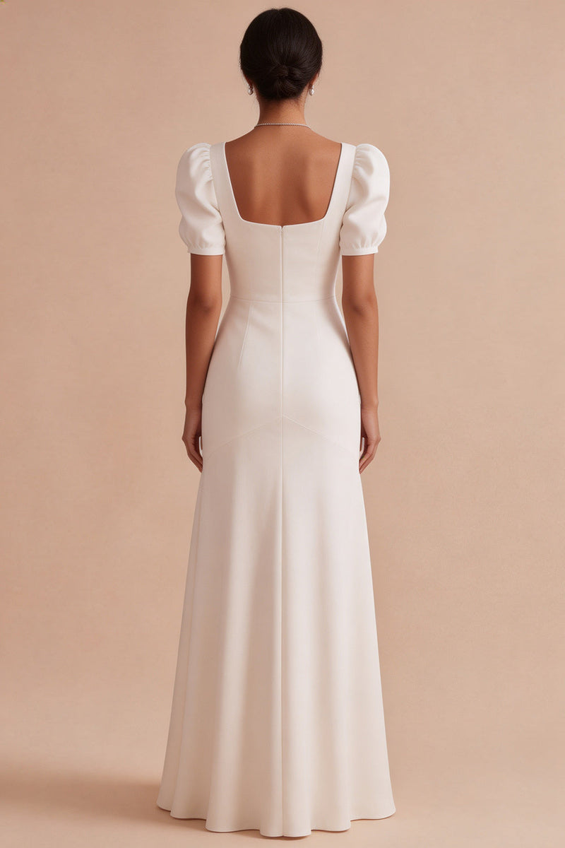 Load image into Gallery viewer, White Satin Puff Sleeves Mermaid Square Neck Long Engagement Dress