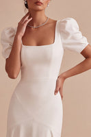 Load image into Gallery viewer, White Satin Puff Sleeves Mermaid Square Neck Long Engagement Dress