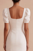 Load image into Gallery viewer, White Satin Puff Sleeves Mermaid Square Neck Long Engagement Dress