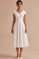 Load image into Gallery viewer, White V-Neck A Line Ruched Midi Engagement Dress with Sleeves