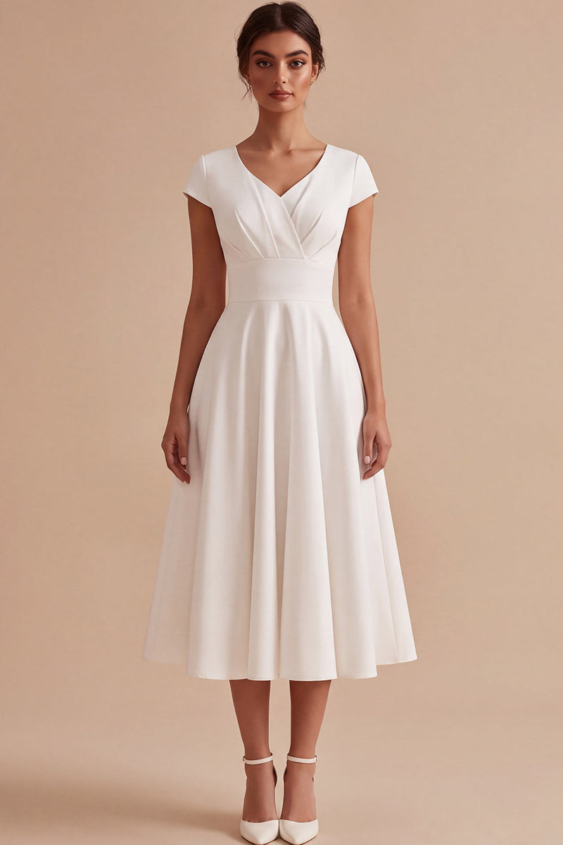 Load image into Gallery viewer, White V-Neck A Line Ruched Midi Engagement Dress with Sleeves