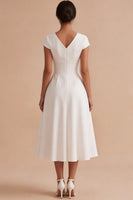 Load image into Gallery viewer, White V-Neck A Line Ruched Midi Engagement Dress with Sleeves