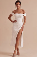 Load image into Gallery viewer, White Off the Shoulder Corset Ruched Midi Engagement Dress with Slit