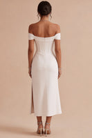 Load image into Gallery viewer, White Off the Shoulder Corset Ruched Midi Engagement Dress with Slit