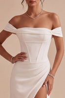 Load image into Gallery viewer, White Off the Shoulder Corset Ruched Midi Engagement Dress with Slit