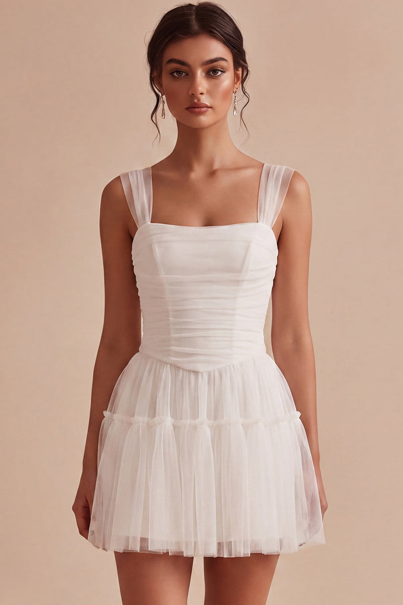 Load image into Gallery viewer, White A Line Thick Straps Tulle Corset Short Graduation Dress