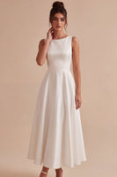 Load image into Gallery viewer, Simple White A Line Satin Boat Neck Long Engagement Dress
