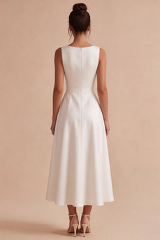 Simple White A Line Satin Boat Neck Long Engagement Dress