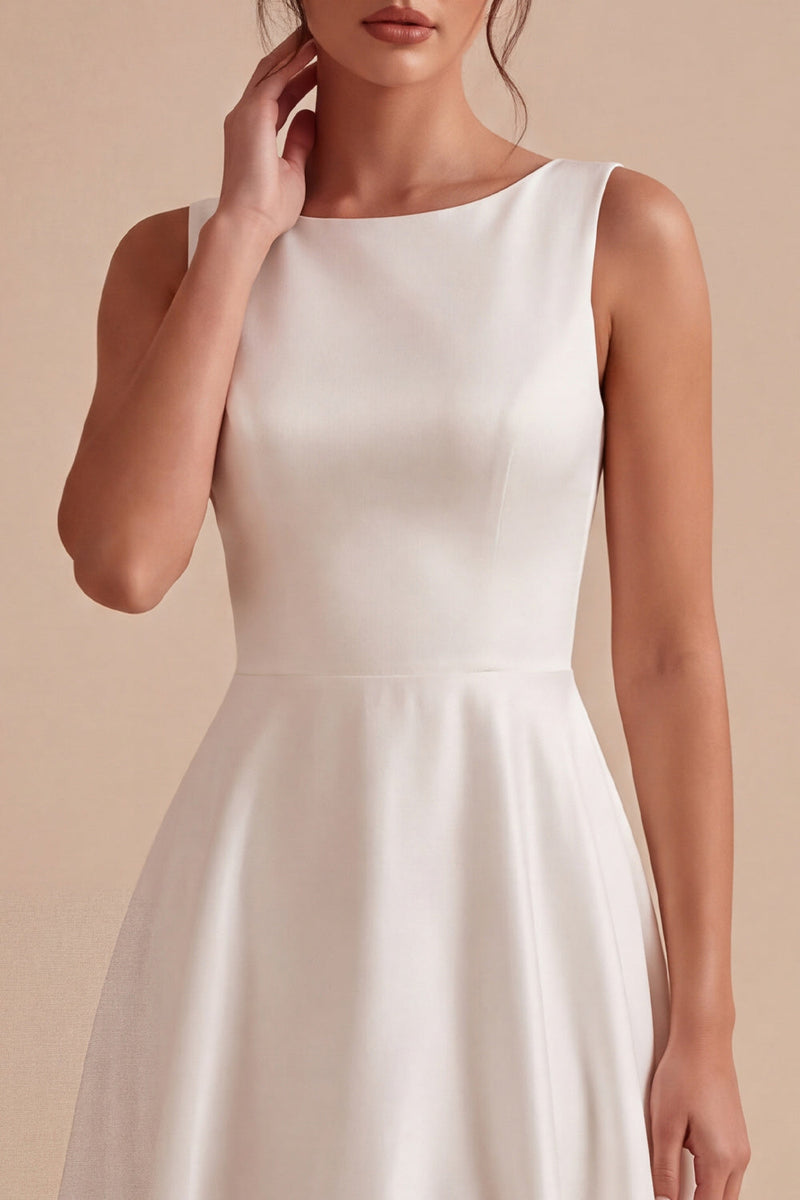 Load image into Gallery viewer, Simple White A Line Satin Boat Neck Long Engagement Dress