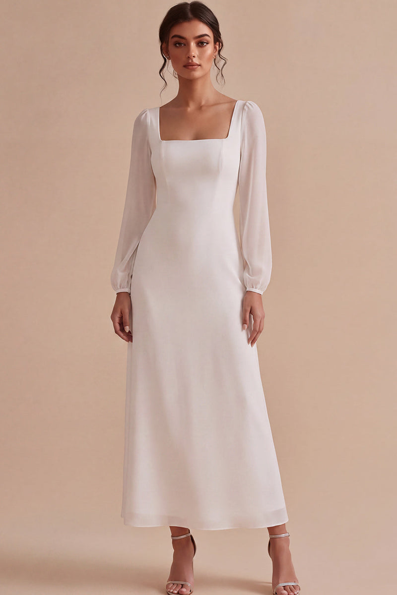 Load image into Gallery viewer, White A Line Square Neck Puff Sleeves Long Engagement Dress