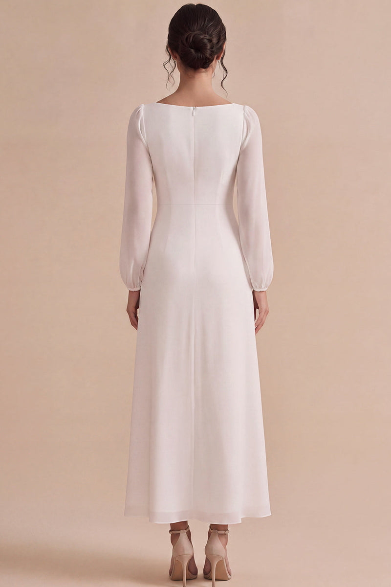 Load image into Gallery viewer, White A Line Square Neck Puff Sleeves Long Engagement Dress