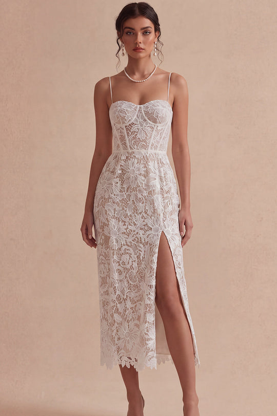 Lace White Bodycon Floral Corset Midi Engagement Dress with Slit