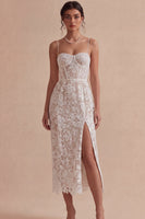 Load image into Gallery viewer, Lace White Bodycon Floral Corset Midi Engagement Dress with Slit