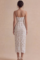 Load image into Gallery viewer, Lace White Bodycon Floral Corset Midi Engagement Dress with Slit