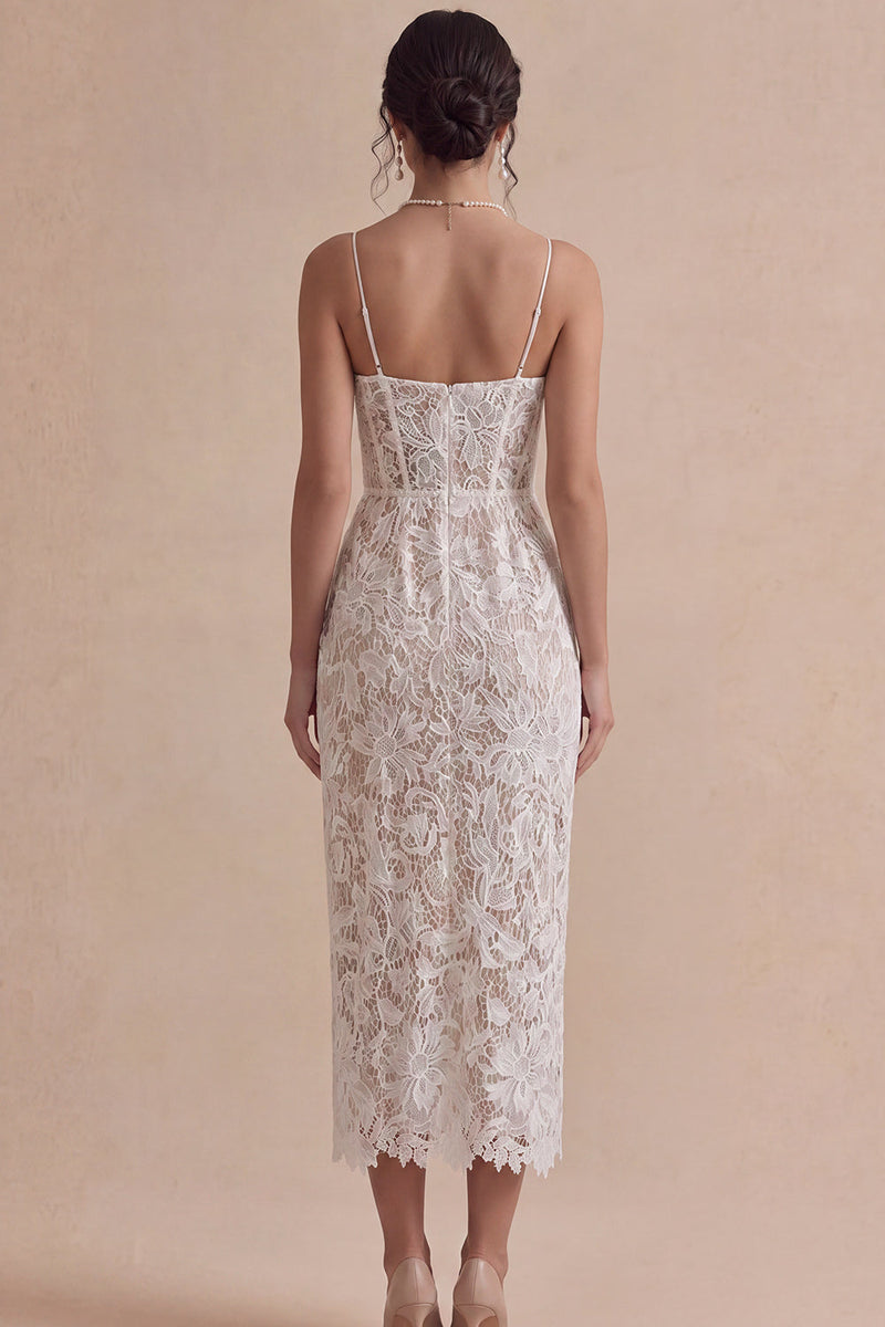 Load image into Gallery viewer, Lace White Bodycon Floral Corset Midi Engagement Dress with Slit