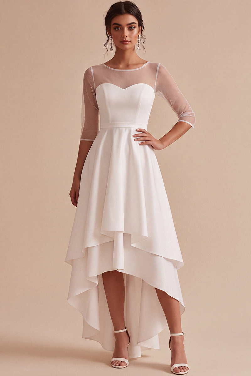 Load image into Gallery viewer, White Ruffled A Line High-Low Engagement Dress with Sleeves