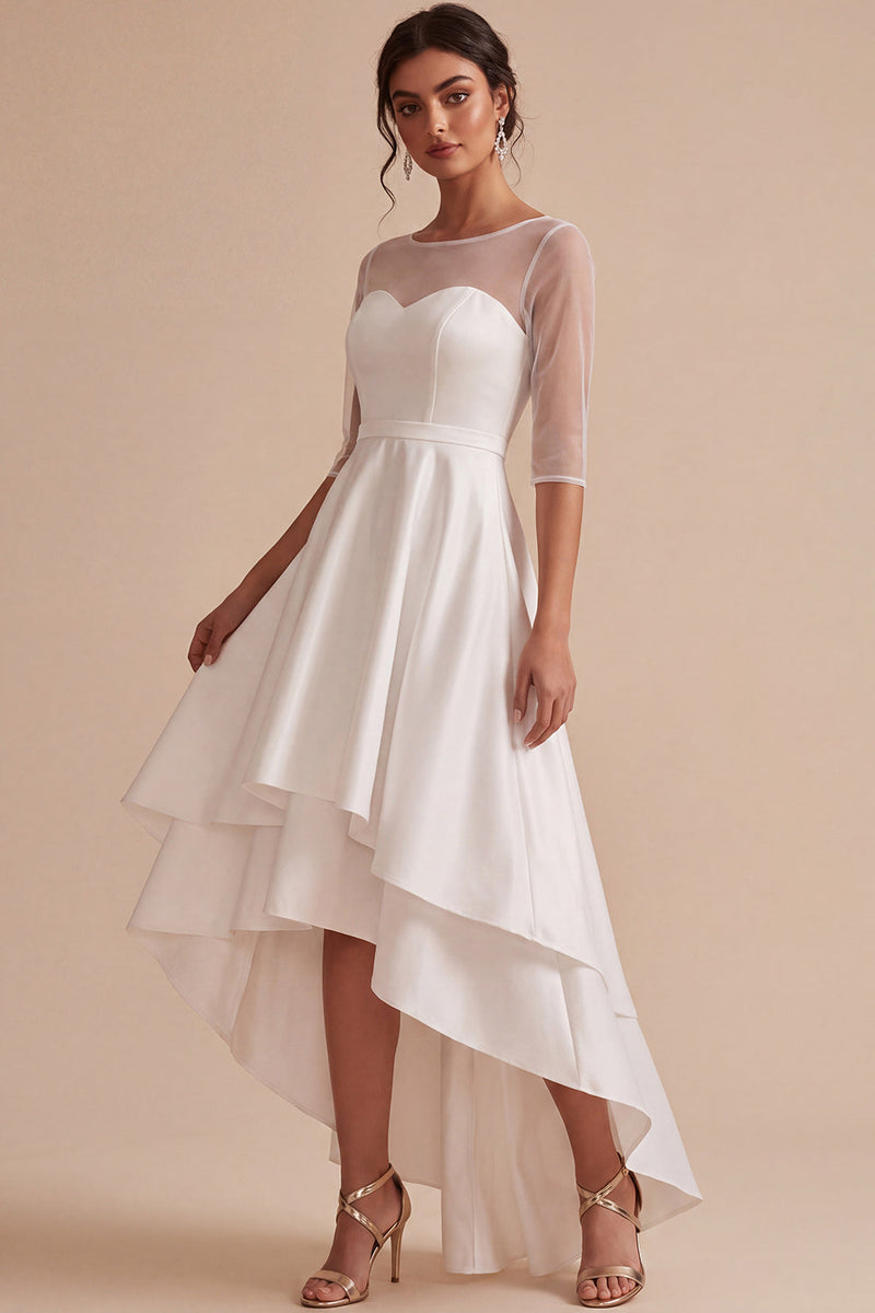 Load image into Gallery viewer, White Ruffled A Line High-Low Engagement Dress with Sleeves