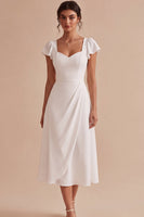 Load image into Gallery viewer, White Ruched A Line Cap Sleeves Midi Engagement Dress