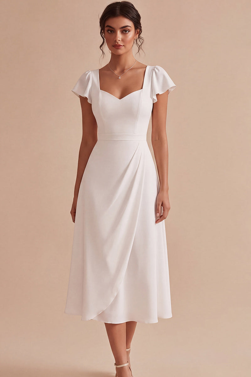 Load image into Gallery viewer, White Ruched A Line Cap Sleeves Midi Engagement Dress