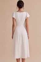 Load image into Gallery viewer, White Ruched A Line Cap Sleeves Midi Engagement Dress