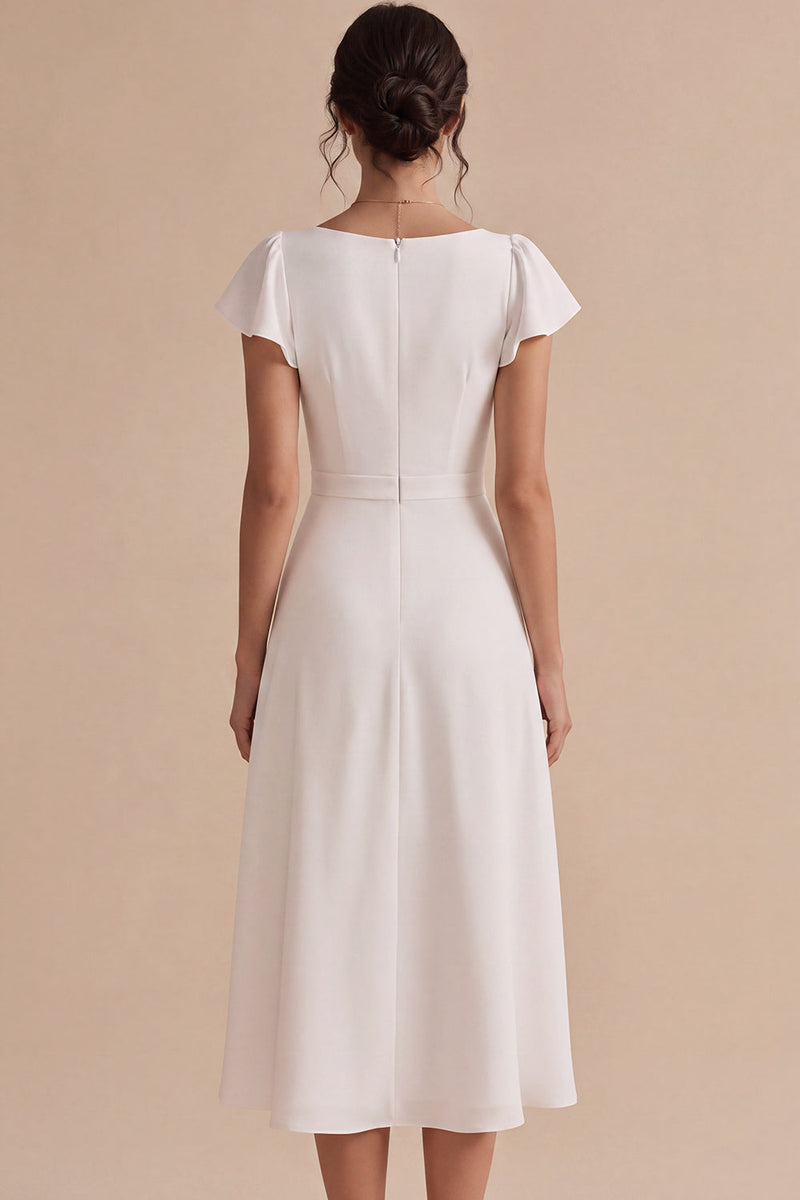 Load image into Gallery viewer, White Ruched A Line Cap Sleeves Midi Engagement Dress