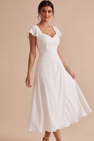 Load image into Gallery viewer, White Ruched A Line Cap Sleeves Midi Engagement Dress