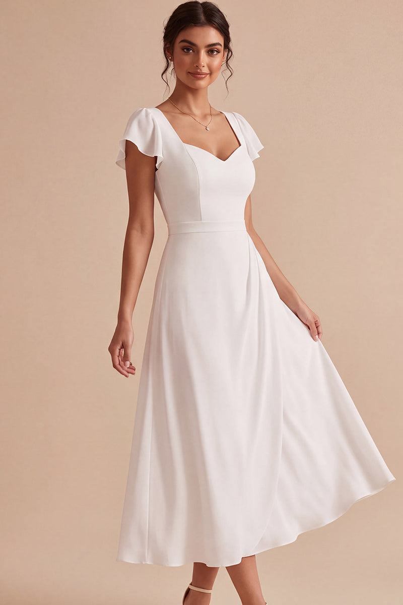 Load image into Gallery viewer, White Ruched A Line Cap Sleeves Midi Engagement Dress