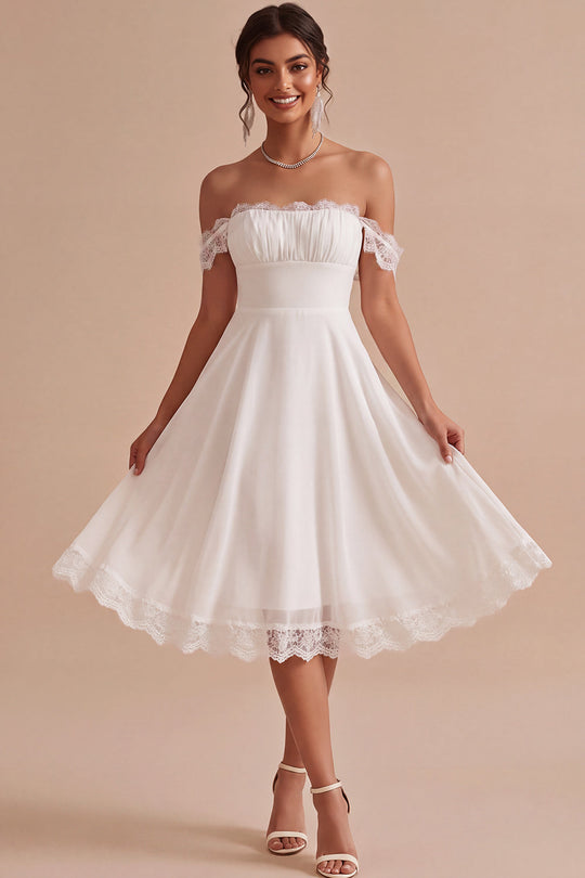 A Line White Ruched Chiffon Midi Engagement Dress with Lace