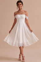 Load image into Gallery viewer, A Line White Ruched Chiffon Midi Engagement Dress with Lace