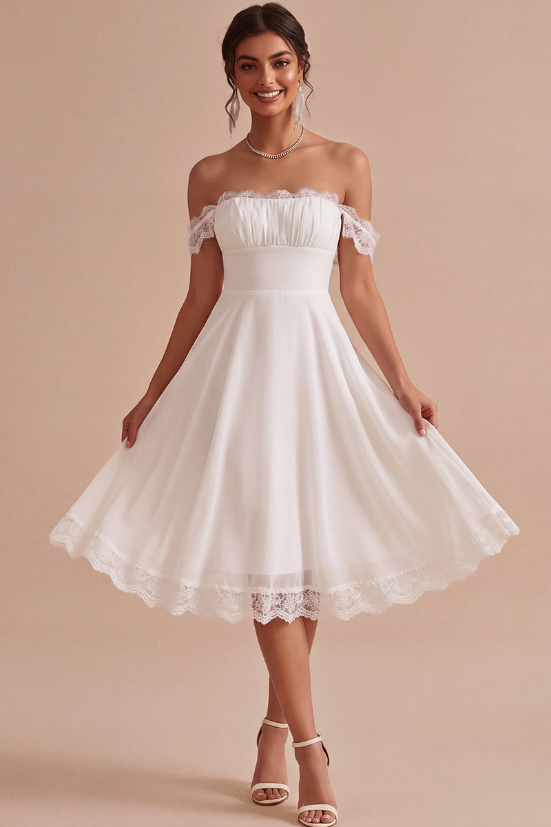 Load image into Gallery viewer, A Line White Ruched Chiffon Midi Engagement Dress with Lace