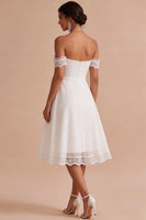 Load image into Gallery viewer, A Line White Ruched Chiffon Midi Engagement Dress with Lace