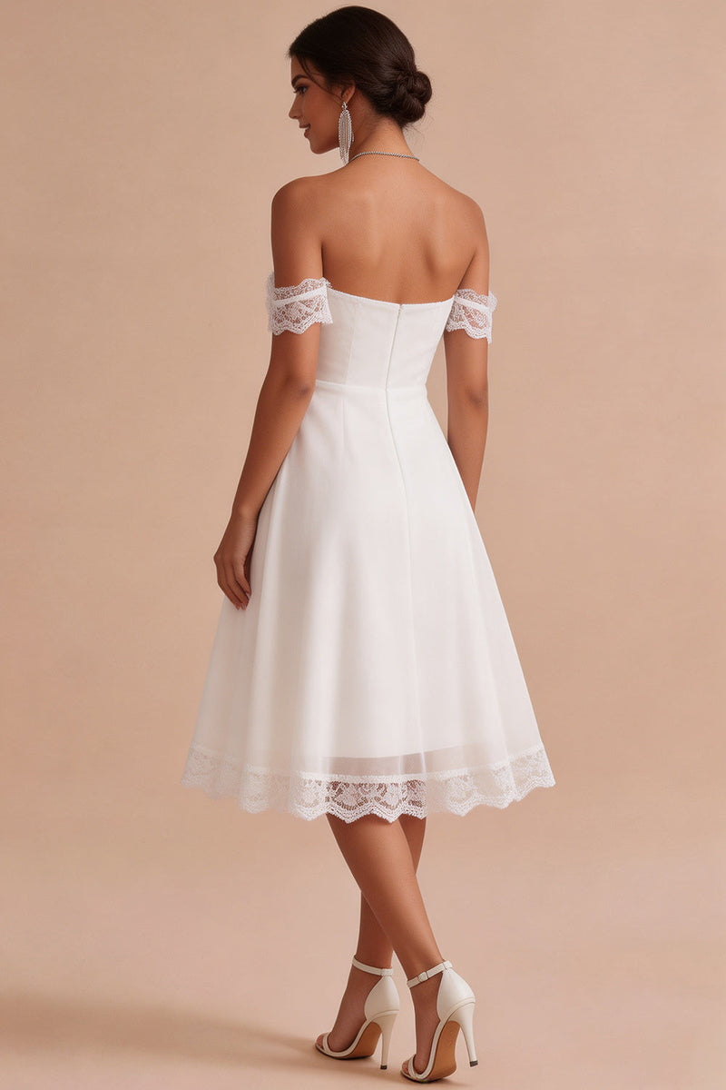 Load image into Gallery viewer, A Line White Ruched Chiffon Midi Engagement Dress with Lace