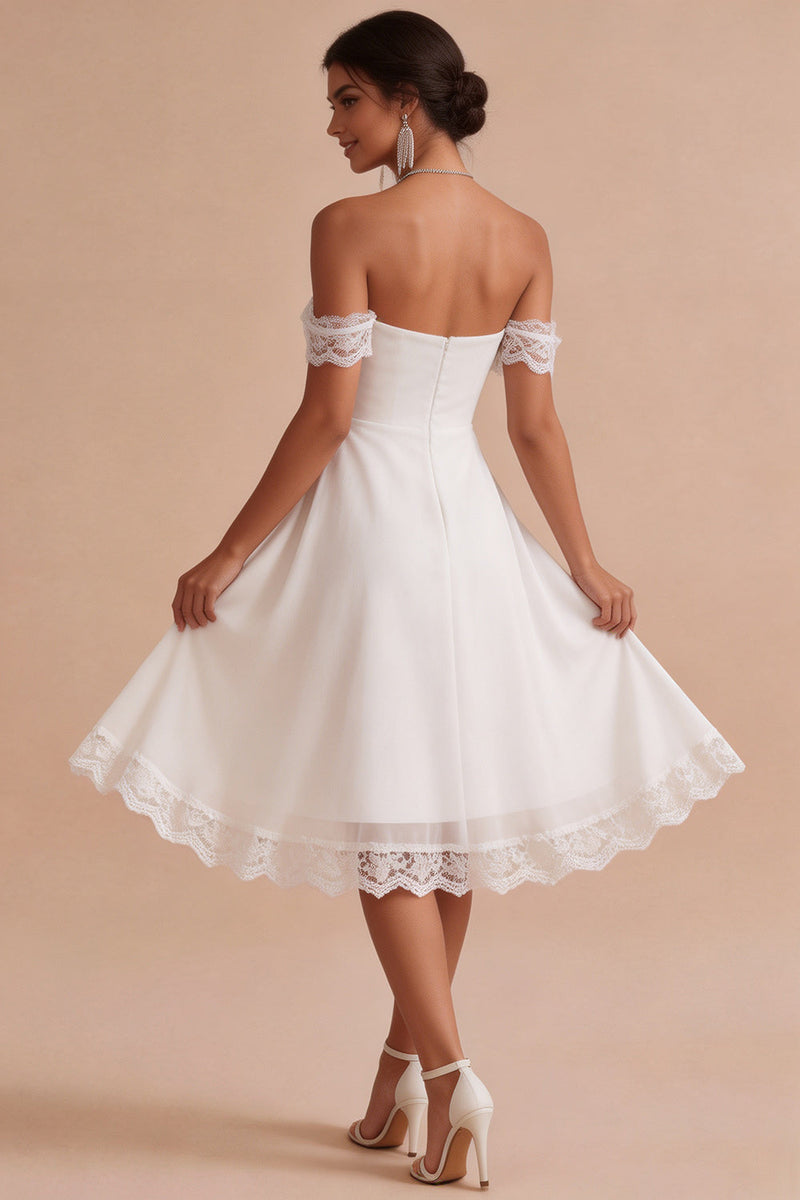 Load image into Gallery viewer, A Line White Ruched Chiffon Midi Engagement Dress with Lace
