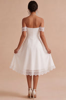 Load image into Gallery viewer, A Line White Ruched Chiffon Midi Engagement Dress with Lace