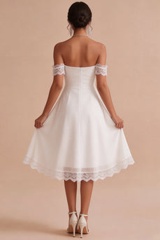 A Line White Ruched Chiffon Midi Engagement Dress with Lace