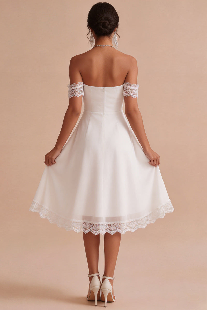 Load image into Gallery viewer, A Line White Ruched Chiffon Midi Engagement Dress with Lace