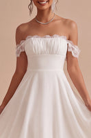 Load image into Gallery viewer, A Line White Ruched Chiffon Midi Engagement Dress with Lace