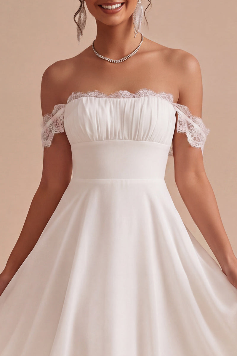 Load image into Gallery viewer, A Line White Ruched Chiffon Midi Engagement Dress with Lace
