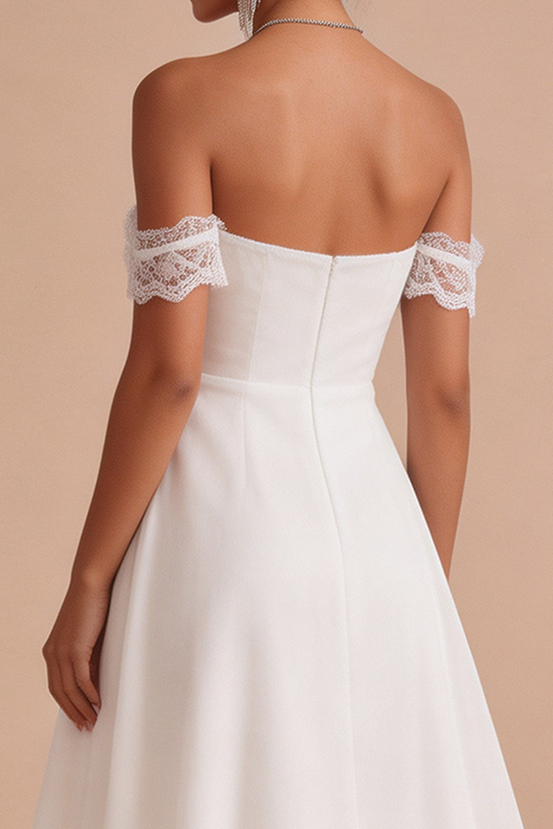 Load image into Gallery viewer, A Line White Ruched Chiffon Midi Engagement Dress with Lace