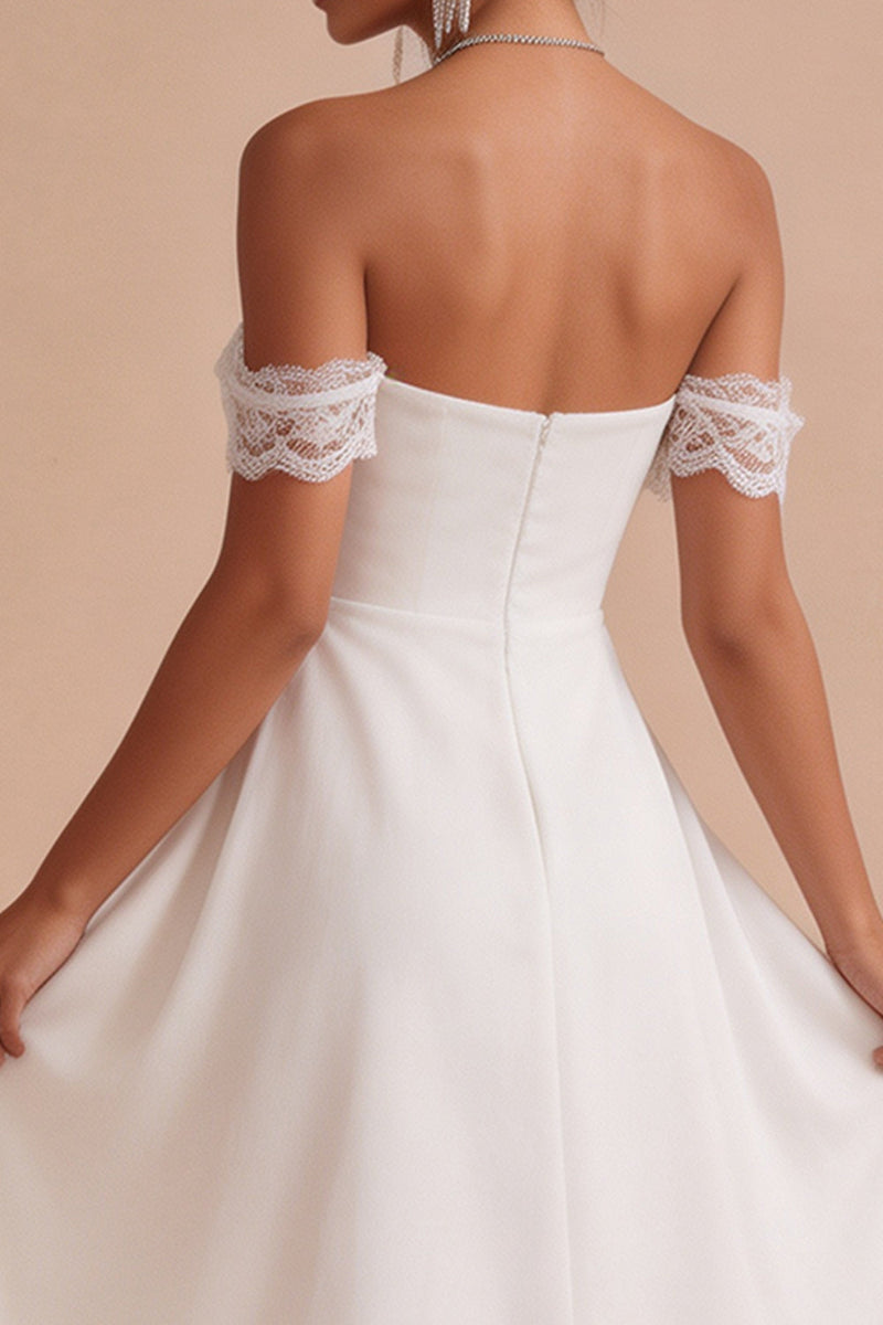 Load image into Gallery viewer, A Line White Ruched Chiffon Midi Engagement Dress with Lace
