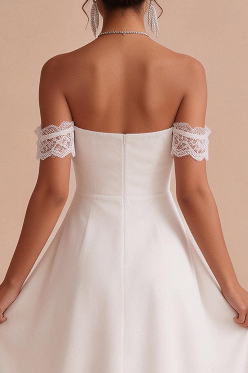 Load image into Gallery viewer, A Line White Ruched Chiffon Midi Engagement Dress with Lace