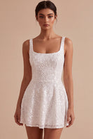 Load image into Gallery viewer, Sparkly White A Line Square Neck Sequin Short Graduation Dress