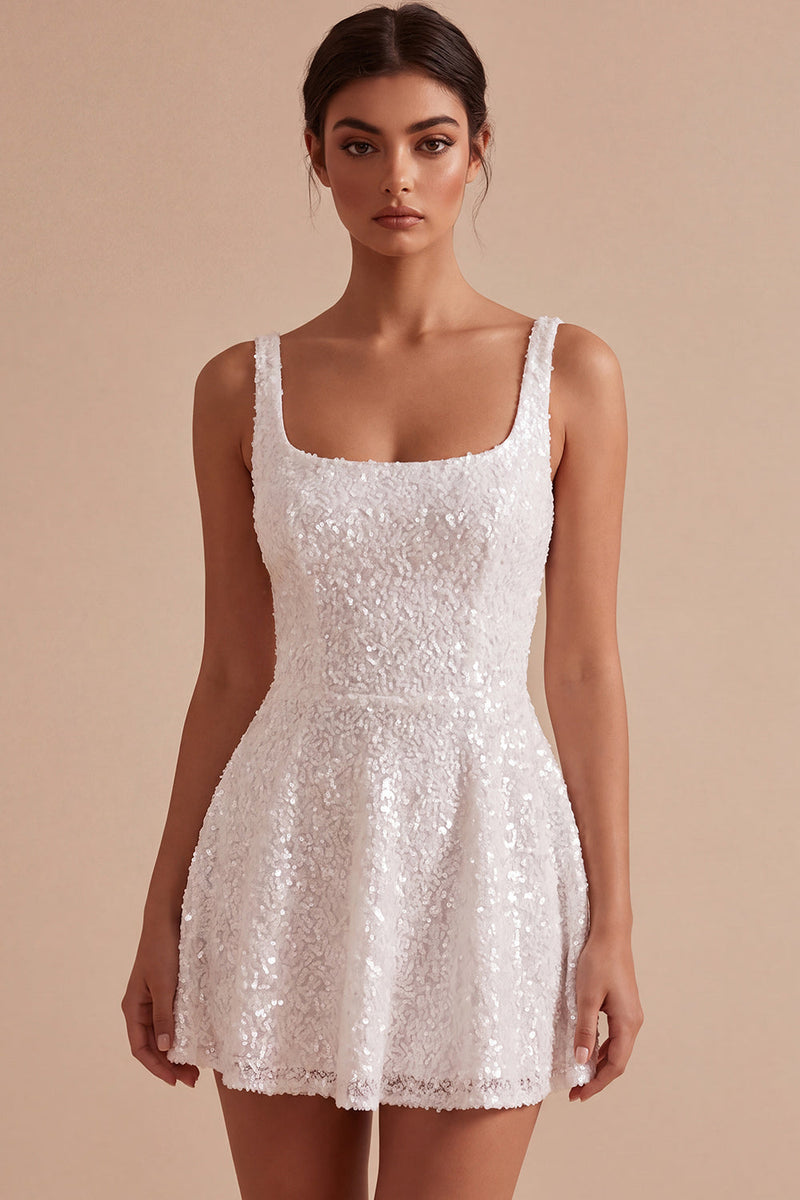 Load image into Gallery viewer, Sparkly White A Line Square Neck Sequin Short Graduation Dress