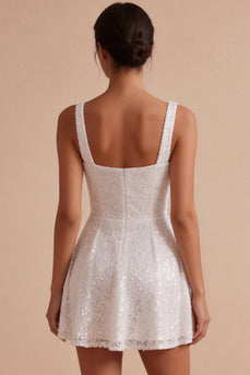 Sparkly White A Line Square Neck Sequin Short Graduation Dress