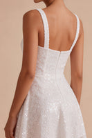 Load image into Gallery viewer, Sparkly White A Line Square Neck Sequin Short Graduation Dress