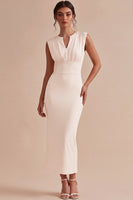 Load image into Gallery viewer, White V-Neck Ruched Sheath Long Engagement Dress with Slit