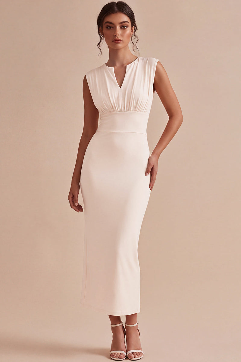 Load image into Gallery viewer, White V-Neck Ruched Sheath Long Engagement Dress with Slit